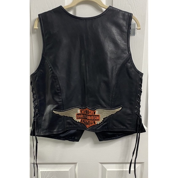 HARLEY DAVIDSON Women's Leather Motorcycle Black Vest Iron Cross/Hog Biker Sz. L - Picture 3 of 7